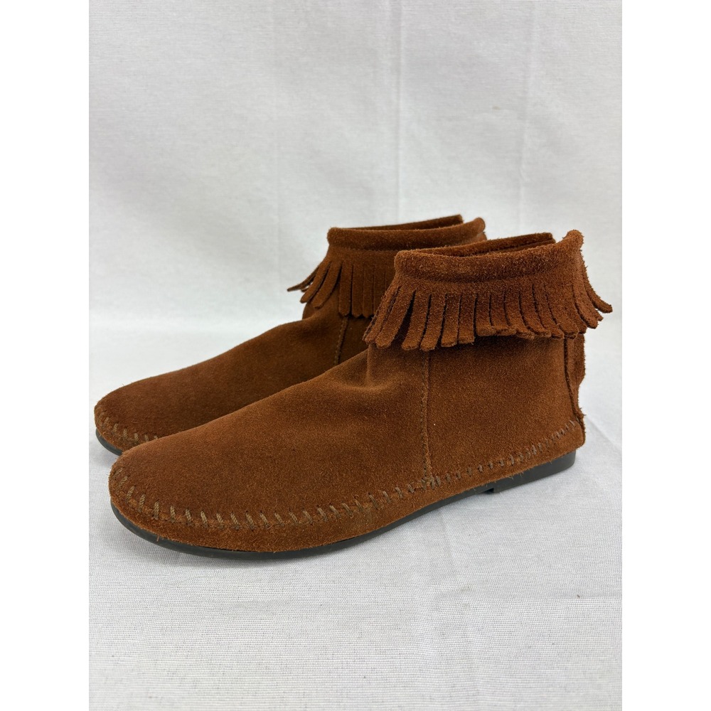 Minnetonka Womens Back Zip Hardsole Ankle Boots Brown Size 8 Fringe Suede Hippie